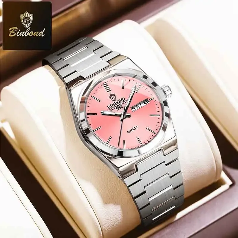 

BINBOND модные брендовые женские кварцевые часы, оригинальные спортивные водонепроницаемые часы из нержавеющей стали, светящиеся повседневные женские наручные часы