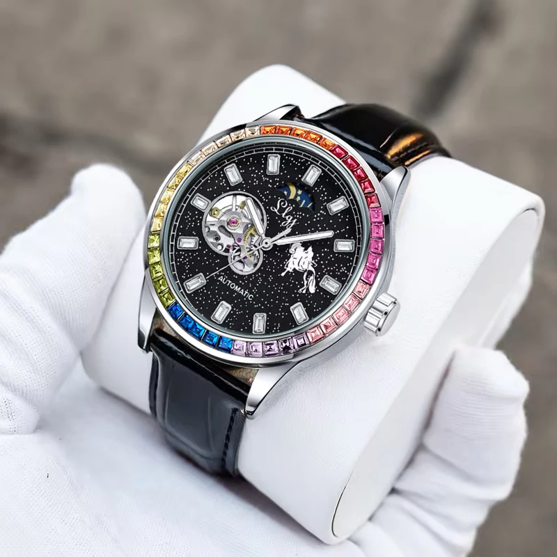 Elegant Men's Business Mechanical Watch with Skeleton Design, Black Leather Strap, Starry Sky Dial, Skeleton Design, Automatic Wristwatch, Luxurious Men's Dress Watch, Perfect for Office and Daily Wear