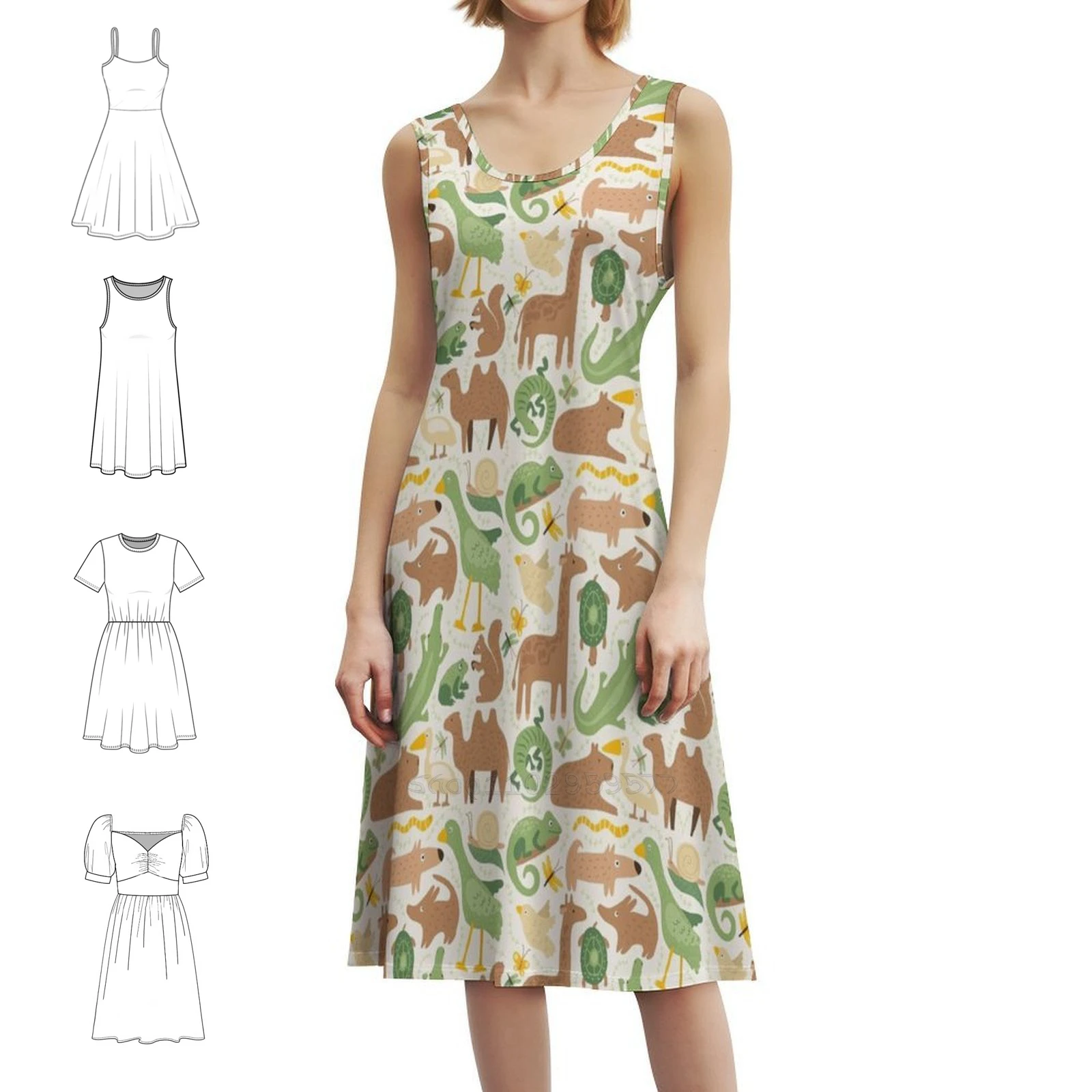

Забавное богемное платье без рукавов с принтом Саванны для женщин, пляжные вечерние платья с забавным узором в виде животных зоопарка, коричневый, зеленый