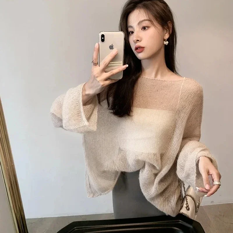 Women Loose Pullover Solid Color Mohair Sexy Off Shoulder Sweater Oversized Hollow Knit See Through Harajuku Long Sleeve Sweater