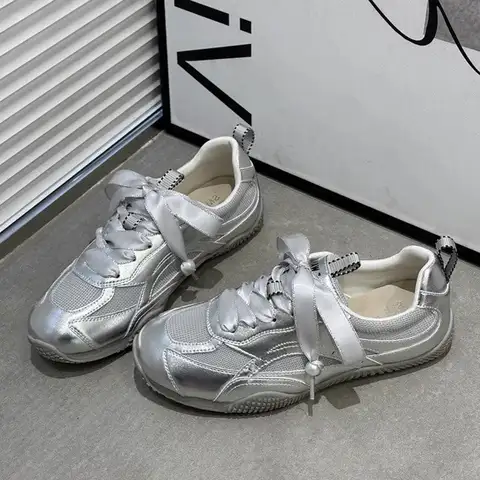 실버 에어 메쉬 새틴 신발끈 조깅 스니커즈, 여성 캐주얼 라운드 토 플랫폼 트레이닝 슈즈, 신발 트레이너, 새로운 패션