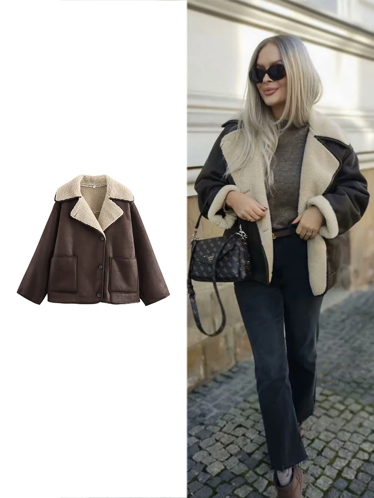 

TRAF Women's Fashion Retro Khaki Faux Leather Warm Thickened Coat Autumn and Winter Lapel Single Breasted Pocket Commuter Coat