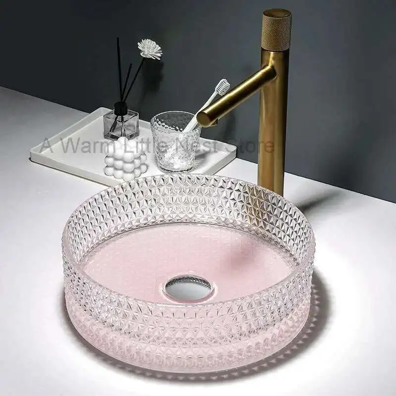

Round Bathroom Sinks Tempered Glass Counter Basin Washing Sinks Light Luxury High-end Hotel Apartment Homestay Home Art Basin Q