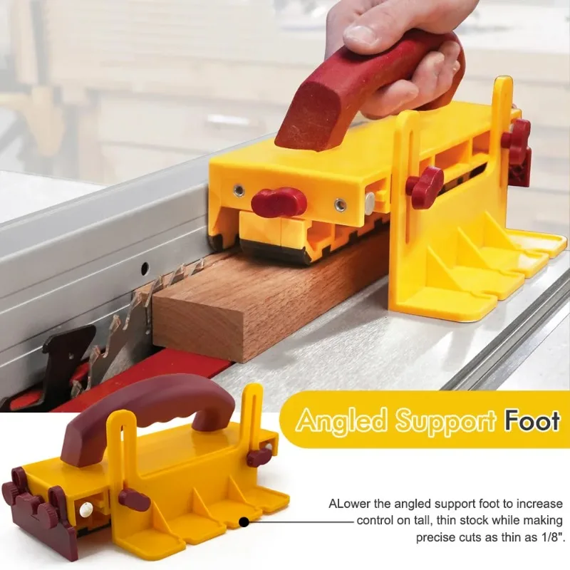 

Desktop sawing machine with three-way force distribution, woodworking push rod safety handle, and ergonomic anti slip push block