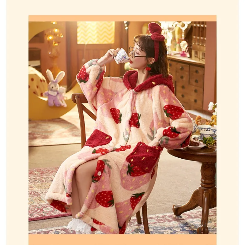 

Женская зимняя пижама с капюшоном, длинный халат, милая домашняя одежда, пижамы из кораллового флиса, теплый и удобный халат