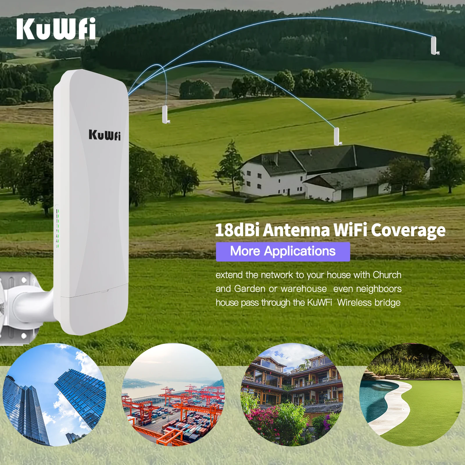 KuWFi 5.8GHz CPE 900Mbps Wireless Bridge Outdoor Wi-Fi Router Repeater 18dBi Antenna 8KM Wireless Transmission Gigabit Port IP65