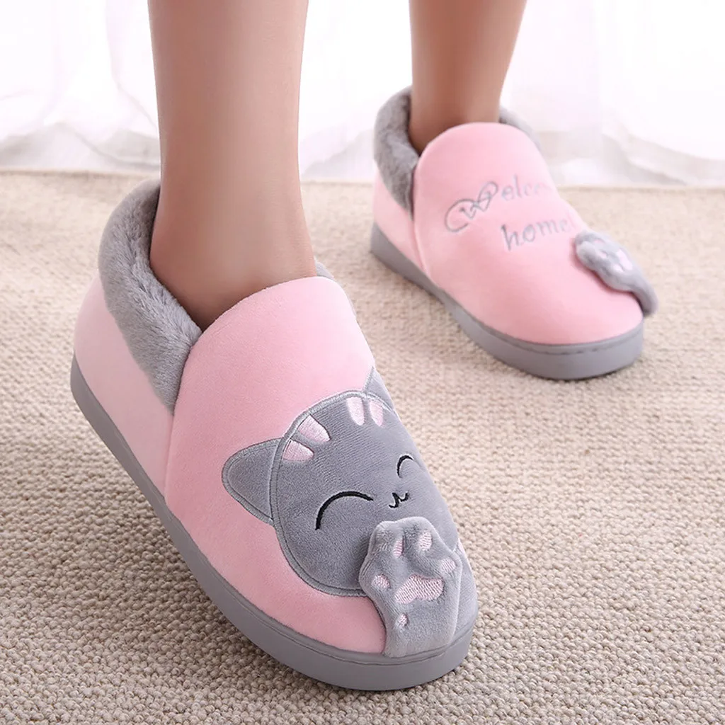 Women Winter Warm Slippers Cartoon Cat Shoes Furry Plush Slides Round Toe Flats Indoor Home Bedroom Floor Slippers Ladies Shoes