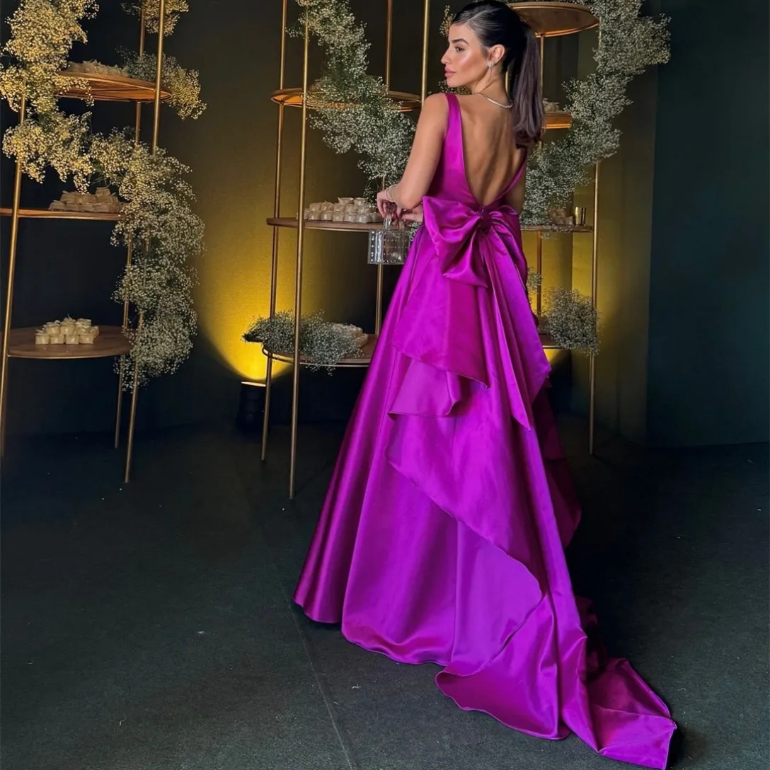 Elegant Long Plum Satin Prom Dresses with Bow/Pockets A-Line Square Neck Wedding Guest Dress Formal Evening Dress for Women