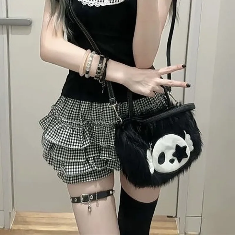 

HAEX Punk Gothic Women Bags 2025 Aesthetic Furry Skull Patchwork Crossbody Shoulder Bag Subculture Y2K High Street Bolso Mujer