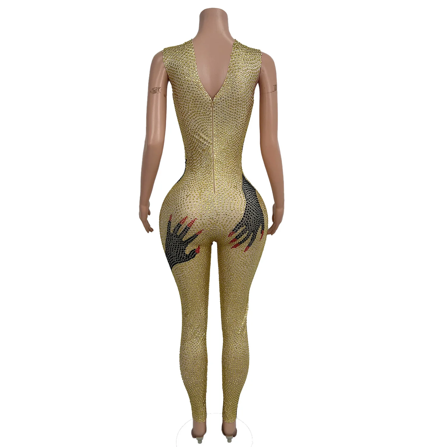 High-quality Sparkly Rhinestone Tight Fitting Jumpsuit Gloves Festival Party Sexy Singer Stage Performance Dance Wear Heishou