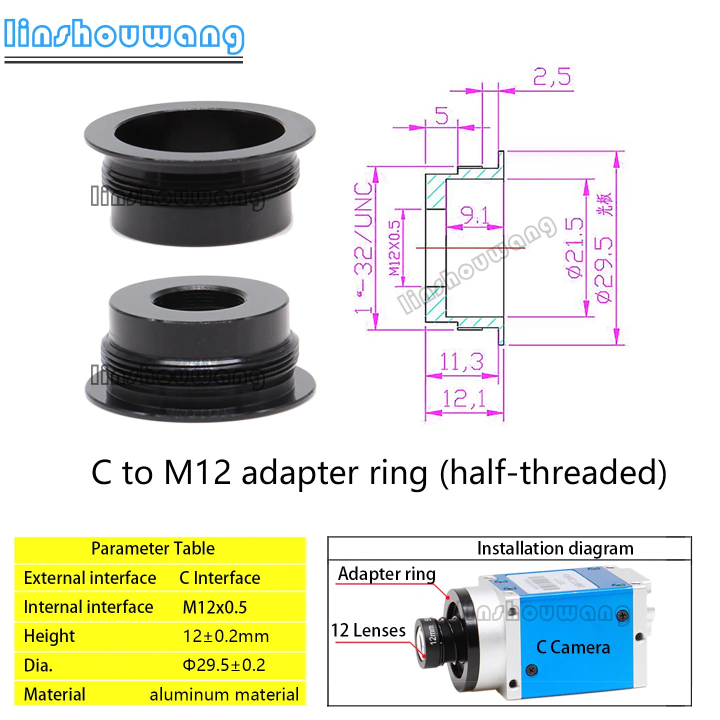 C-Mount to M12 Lens Adapter C-Mount to M12 Adapter Ring Camera Lens Adapter Ring M12 to C Adapter Ring Industrial Camera Adapter Ring