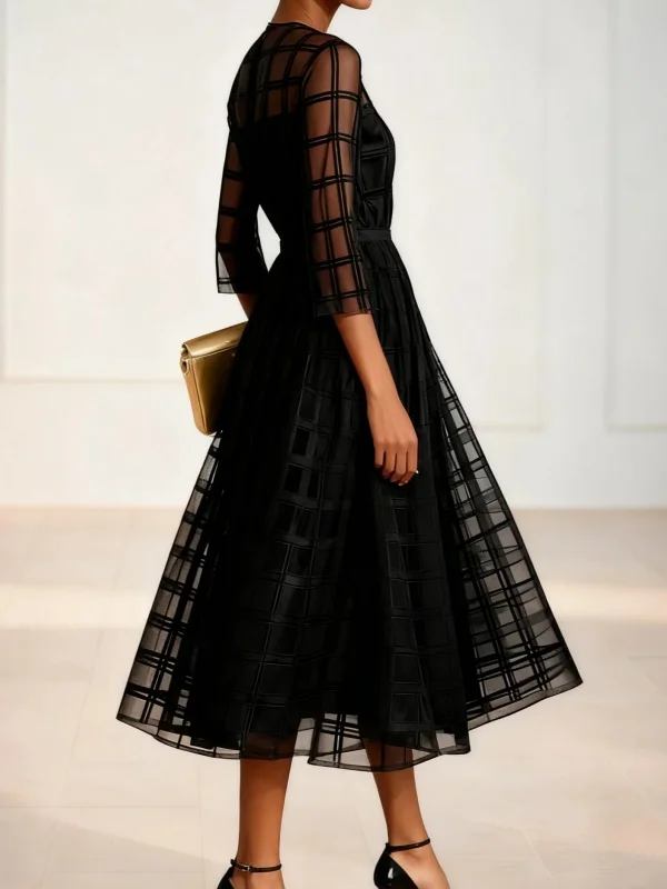 Modigirl Abito scozzese elegante in rete vintage da donna 2026 Ombrello primaverile Maniche semitrasparenti Cena Abiti da donna per riunioni formali