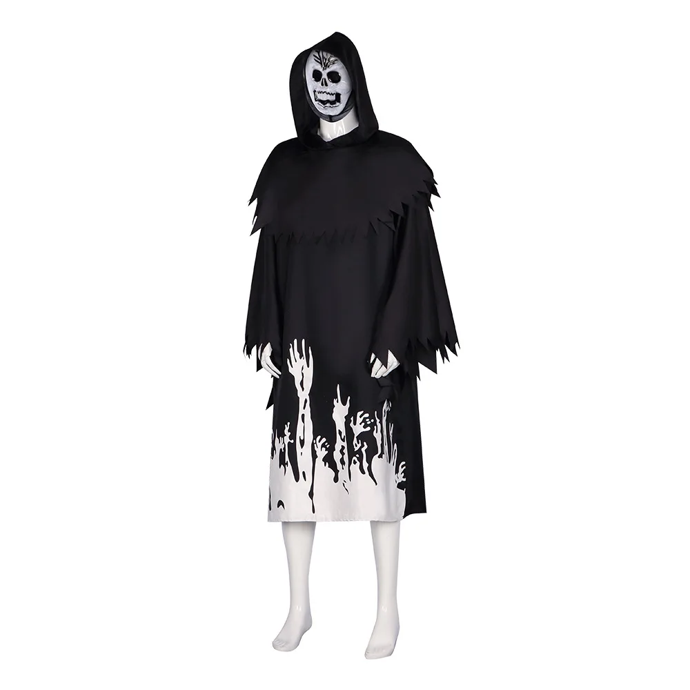 Halloween Cosplay Children Adult Death Zombie Horror Hoodies Black Cloak Skull Skeleton Costume Prop Set Gloves Fluorescence