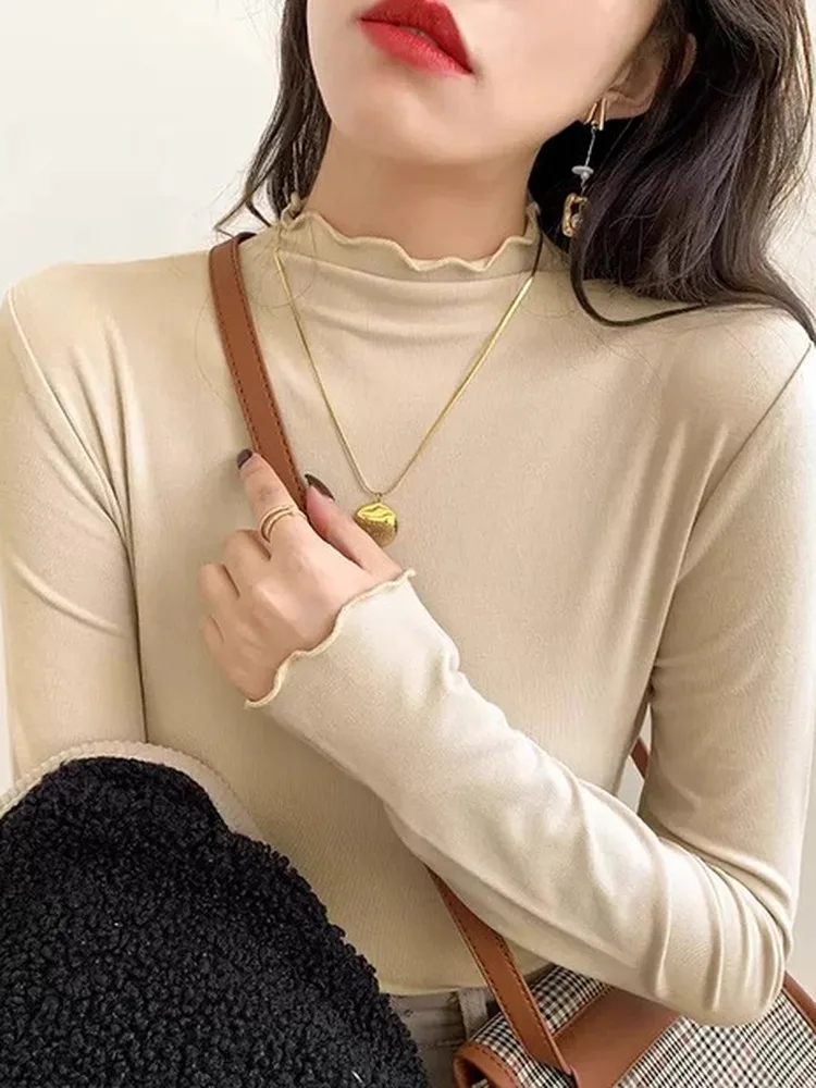 Women's Long Sleeve Half High Collar Integrated Fleece Base Shirt Spring Autumn Winter Fashionable Inner Wear Velvet T-Shirt