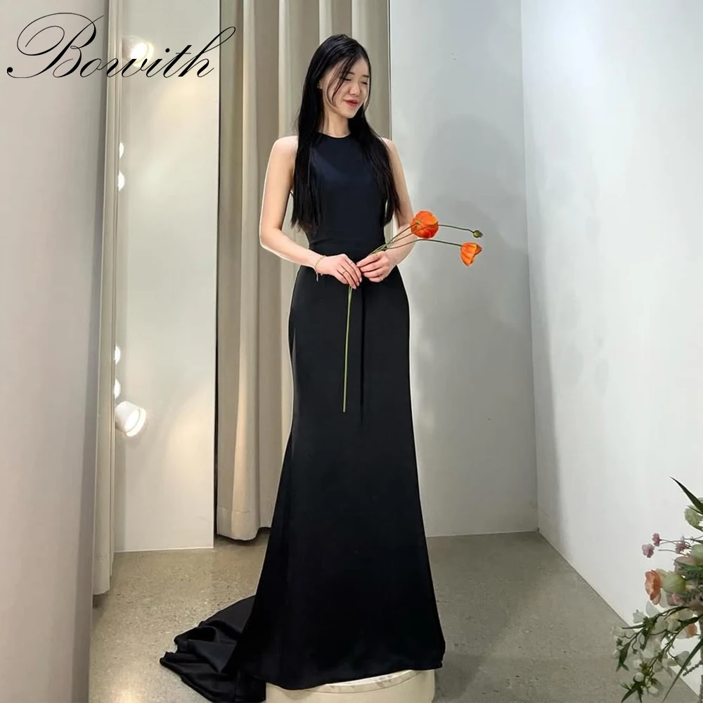 

Bowith Black Mermaid Korean Evening Dresses Elegant O-Neck Sleeveless Photo Shoot Wedding Reception Dress Customized