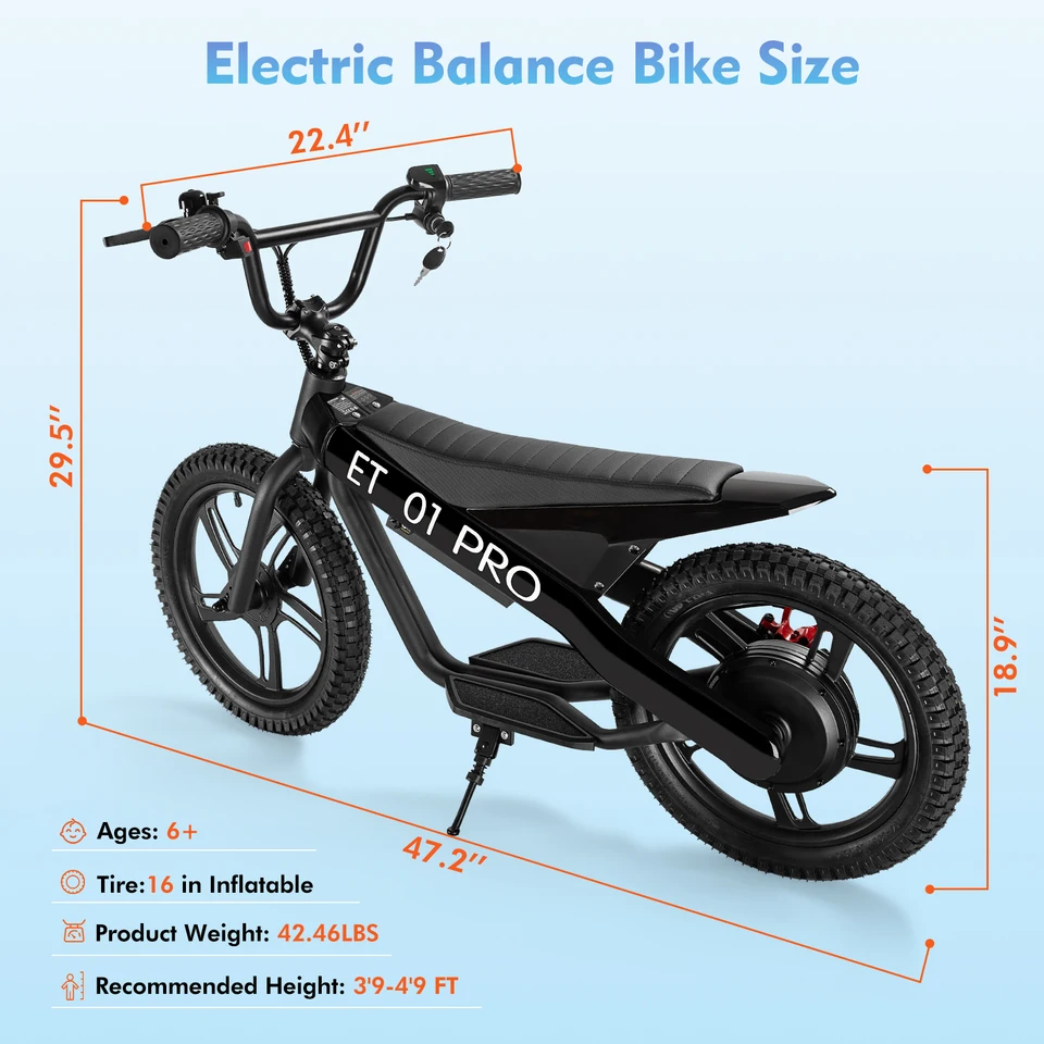 DUODIAN ET-01Pro Electric Bike for Kids, 350W Electric Balance Bike,36V 5.2-7.8Ah, 16" Pneumatic Tire with Dual Brake, 3 Speed Modes Kid Electric Motorcycle image 4