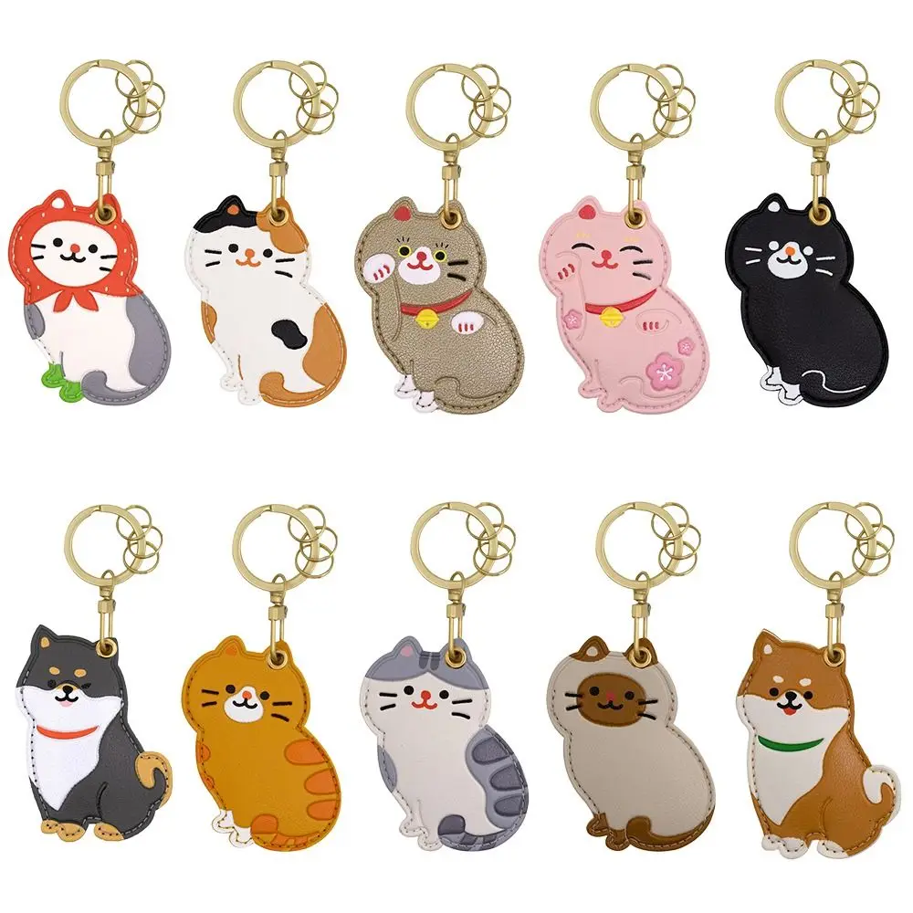Cute Cartoon Cat Access Card Holder PU Leather Small Card Pendant with Keychain Portable Key Pouch