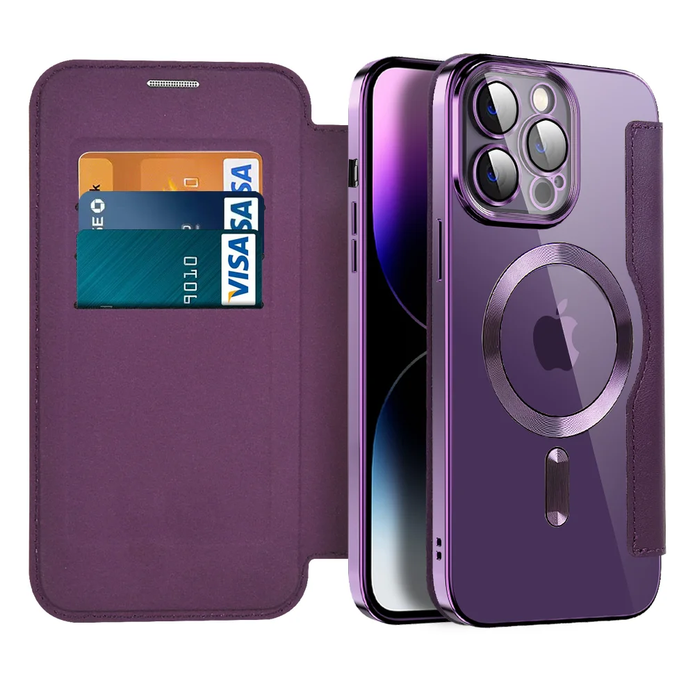 Funda de carga inalámbrica para iPhone 16, 14, 13, 12, Max 11Pro, 15 Plus, carcasa de cuero con tapa magnética a prueba de golpes, ranura para tarjeta, cubierta trasera de PC dura