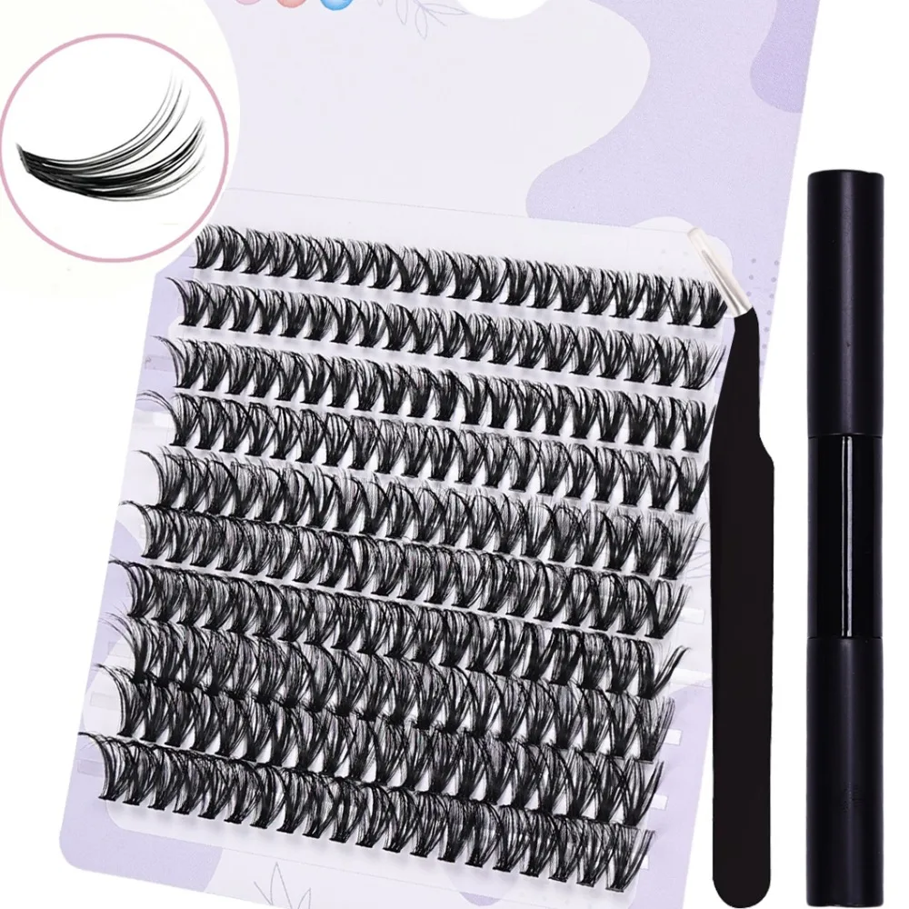 False Eyelashes DIY Lash Extension Kit with 200pcs Lash Clusters and Tweezers Eyelash Adhesive and Sealant and Eyelash Tweezers