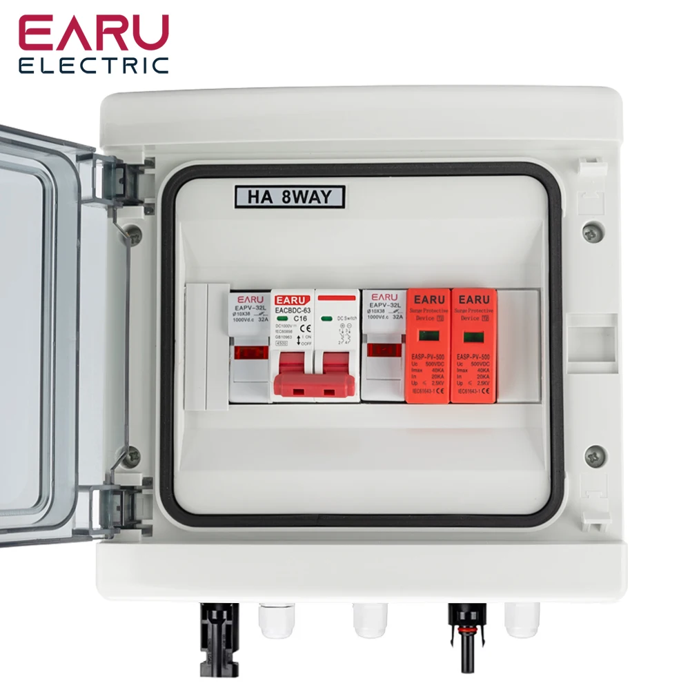 Solar Photovoltaic PV Combiner Box With Lightning Protection 1 Input 1 Out DC 500V 15A Fuse MCB SPD HT Waterproof Box IP65 8Ways