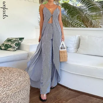 Wefads 두 조각 세트 여름 여성 패션 캐주얼 V 넥 스트라이프 서스펜더 슬릿 민소매 탑 롱 바지 세트 streetwear