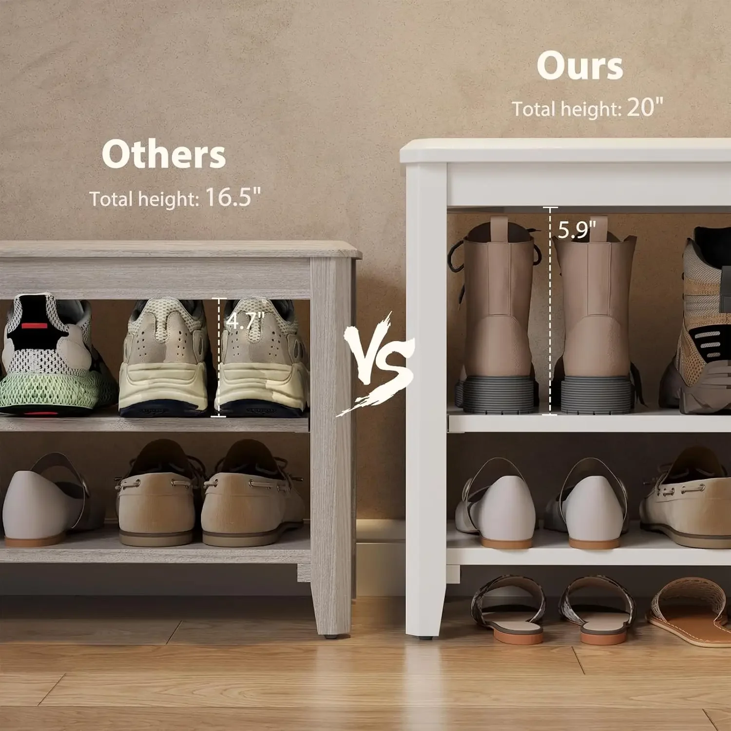 

Wood Shoe Rack Bench for Entryway, 2 Tier Rack for Front Door Entrance, Bench with Storage for Entryway