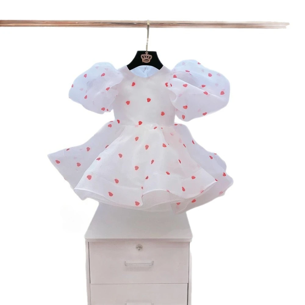 New Arrival Toddler Floral Print Sundress, Ruffle Bubble Sleeve Design, Lovely Heart Pattern Mesh Party Outfit for 80-140cm