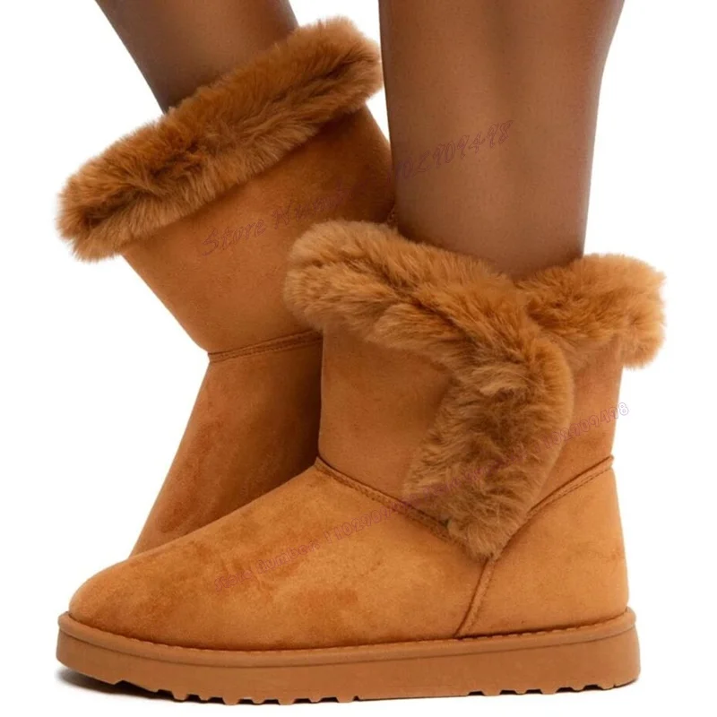 Brown Fluffy Decor Snow Ankle Boots Round Toe Shoes for Women Comfortable Winter Warm Flats Shoes 2023 Zapatos Para Mujere