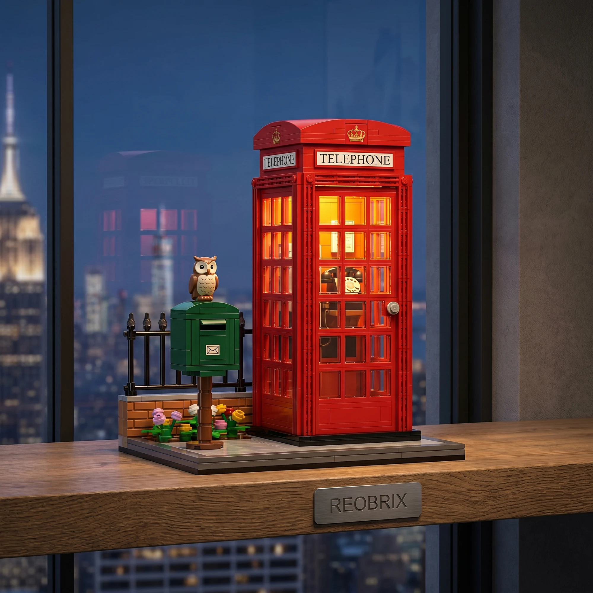 

UK Classic Red Telephone Booth Building Blocks Set Street View Model LED Light Mailbox Fence Bricks Desktop Decor Gift for Teens