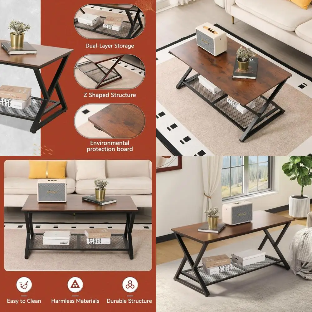 

Industrial Style Metal and Wood Coffee Table with Storage Shelf, 39 Rectangular Vintage 2-Tier Living Room Center Table in Brown