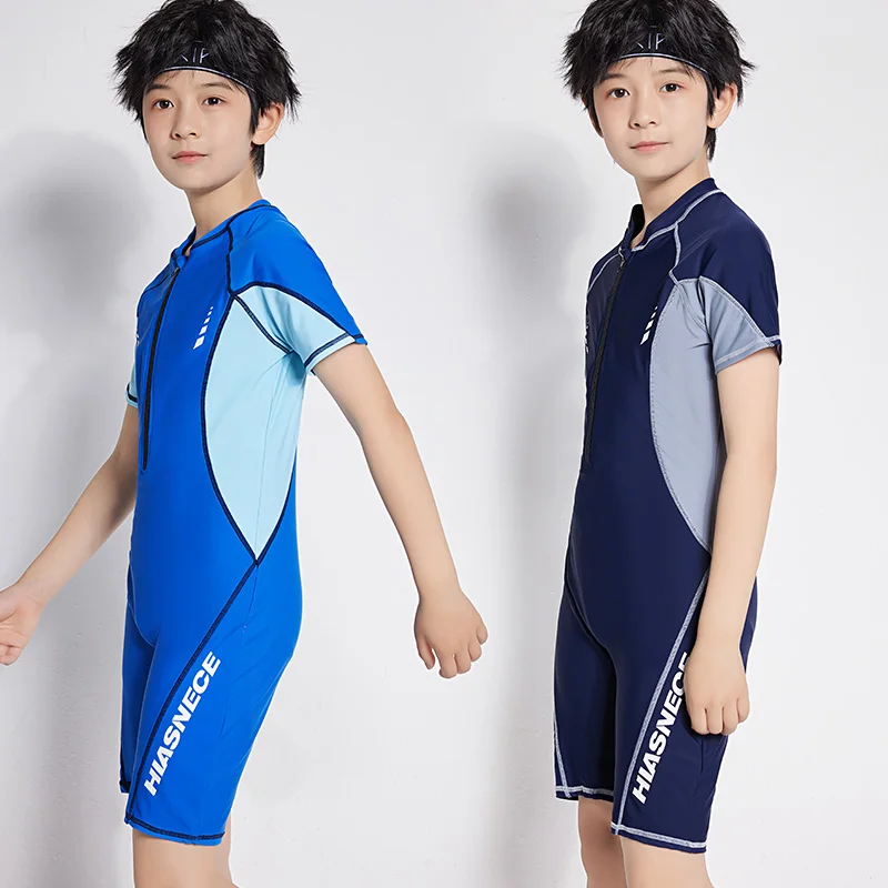 Teenager Boy One Piece Swimsuit Short Sleeves Solid Color Patchwork Kids Bathing Suit Beach Wear 2024 Boy Competition Swimsuit