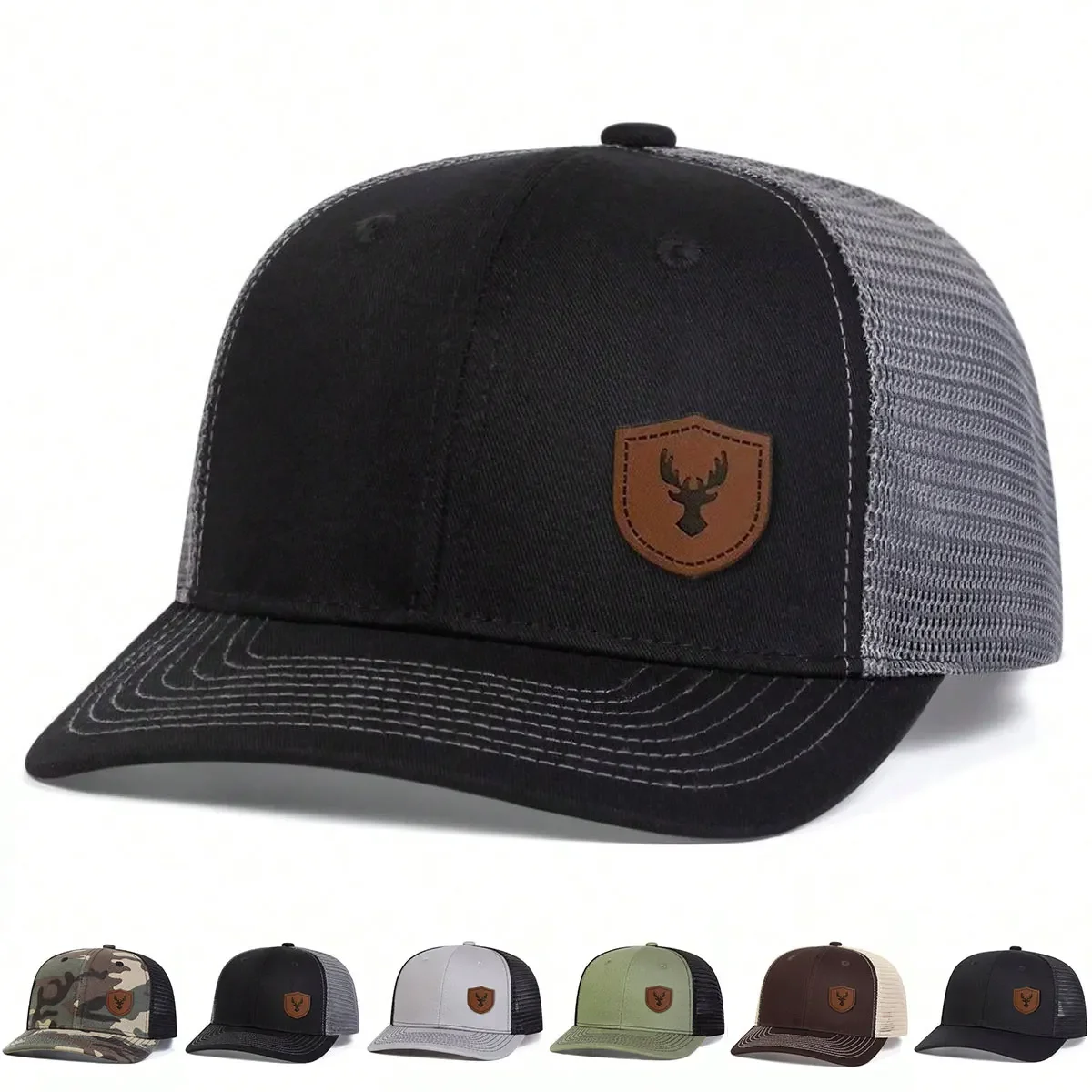 Unisex Little Deer Antlers Leather Label Baseball Net Caps Outdoor Adjustable Spring and Summer Casual Sunscreen Hat
