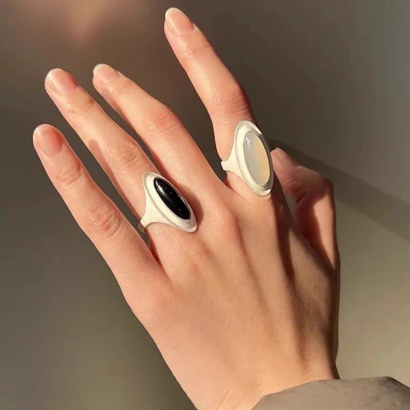 

925 Sterling Silver Large Exaggerated Black Agate Geometry Female Ring Frosting Punk Fashion Jewelry Birthday Gift Dropshipping