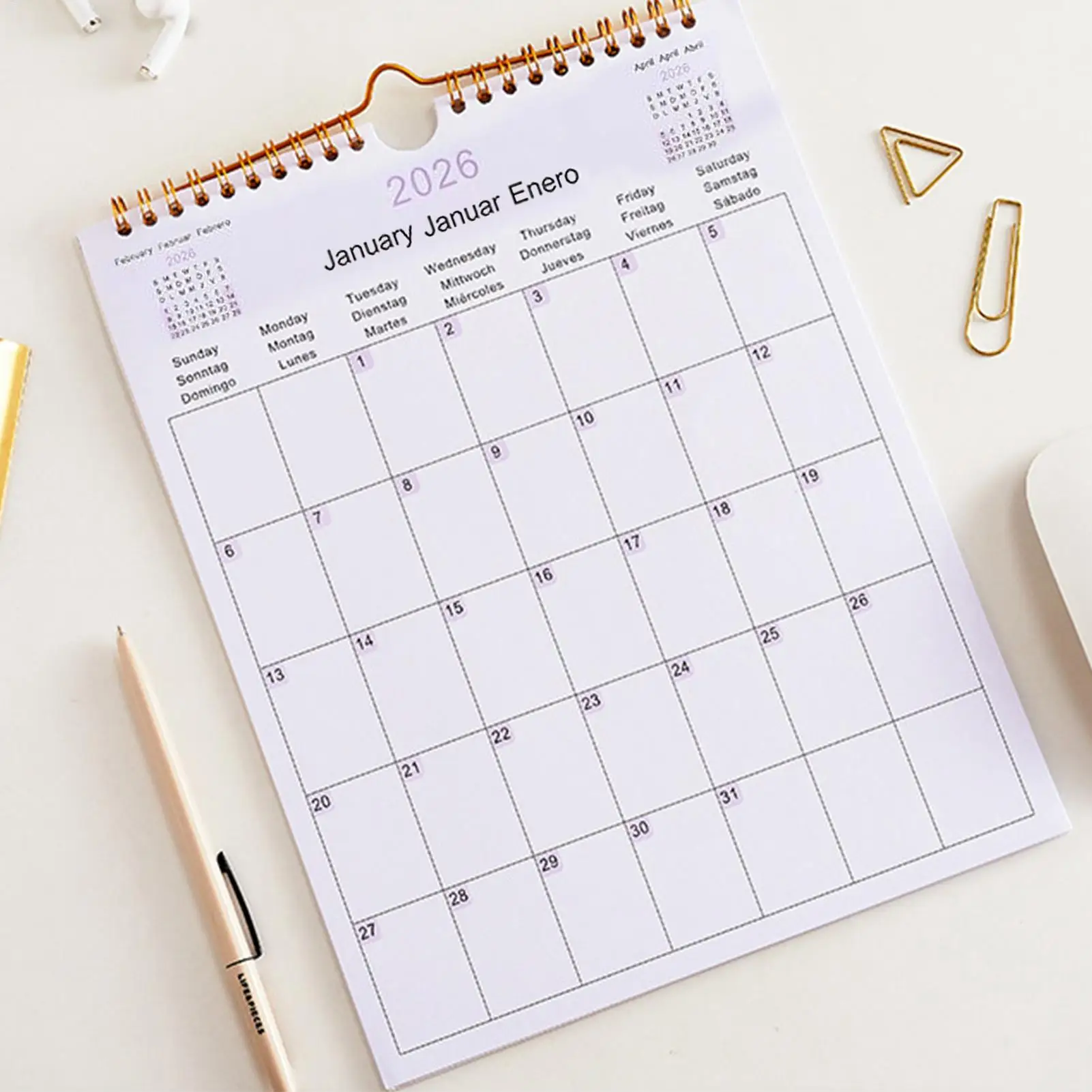 2026 Multilingual Wall Calendar 12 Month Coil Planner Modern Decorative Bedroom Dormitory Apartment School Workplace Supplies