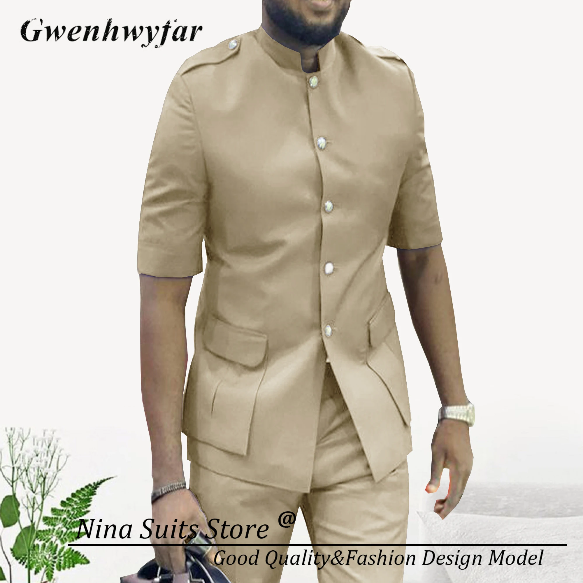 Gwenhwyfar Single Breasted Men Suits Sky Blue 2024 Custom Made Big Patch Pocket Stand Collar Blazer for Man Casual Jacket Pants