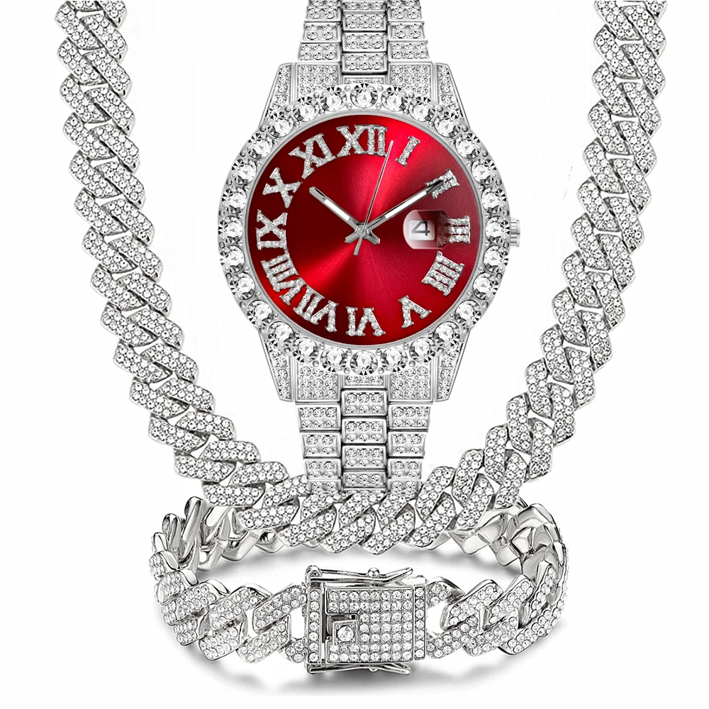 3PCS Red Green Blue Dail Watches Necklace Bracelet Jewelry Set for Men Bling Gold Silver Diamond Man Iced Out Cuban Chains Clock