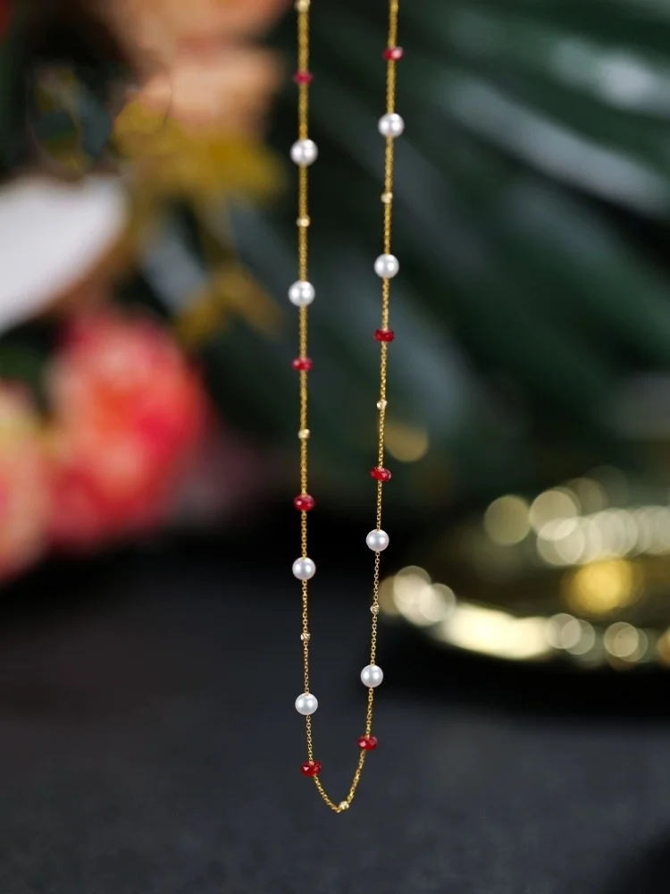 

New Real 18K Yellow Gold Natural Ruby Freshwater Pearl Necklace Pendant Au750 Fine Jewelry Round Aniversary Gift For Women Origi