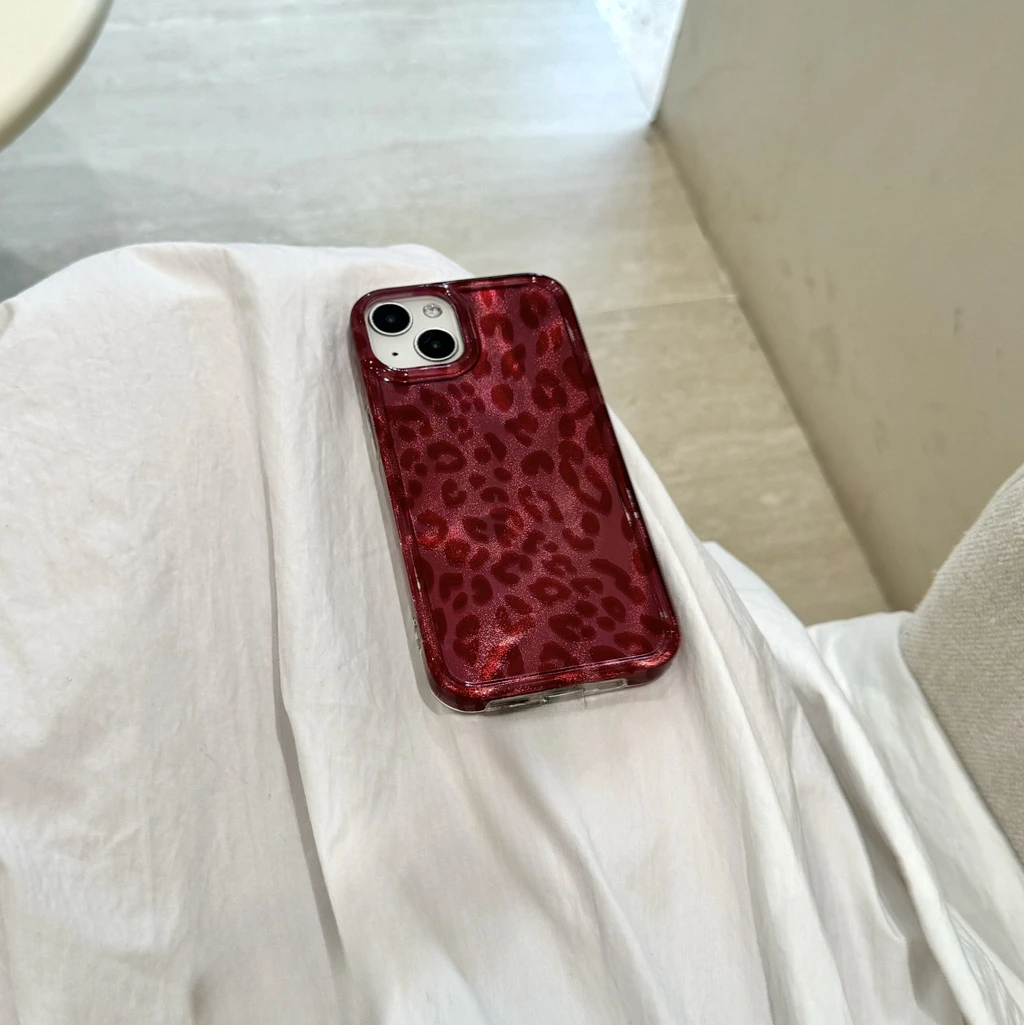 Retro Illusory Color Red Leopard Print Glitter Shockproof Protective Phone Cover Case for iPhone 16 15 14 13 12 Pro Max