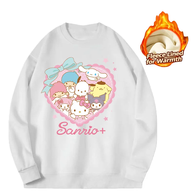 Sanrio Series Printed Crew Neck Long-Sleeve Top, Cute and Warm Fleece-Lined Crew Neck Long-Sleeve T-Shirt, 100% Cotton