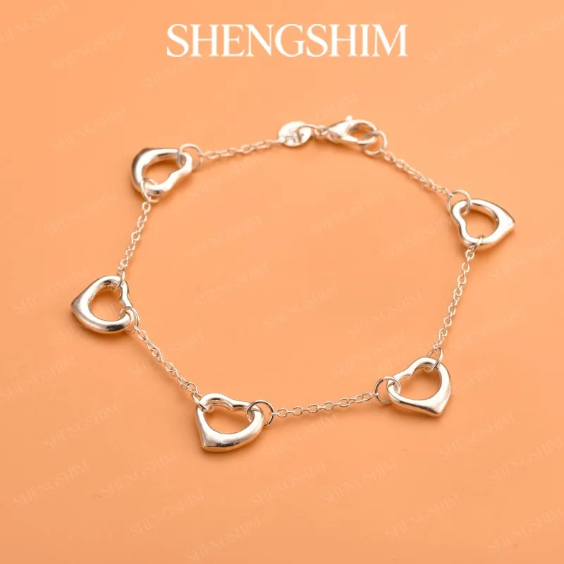 SHENGSHIM 925 Sterling Silver Openwork Heart Bracelet For Men Women Fashion Jewelry Valentine's Day Engagements Party Gift