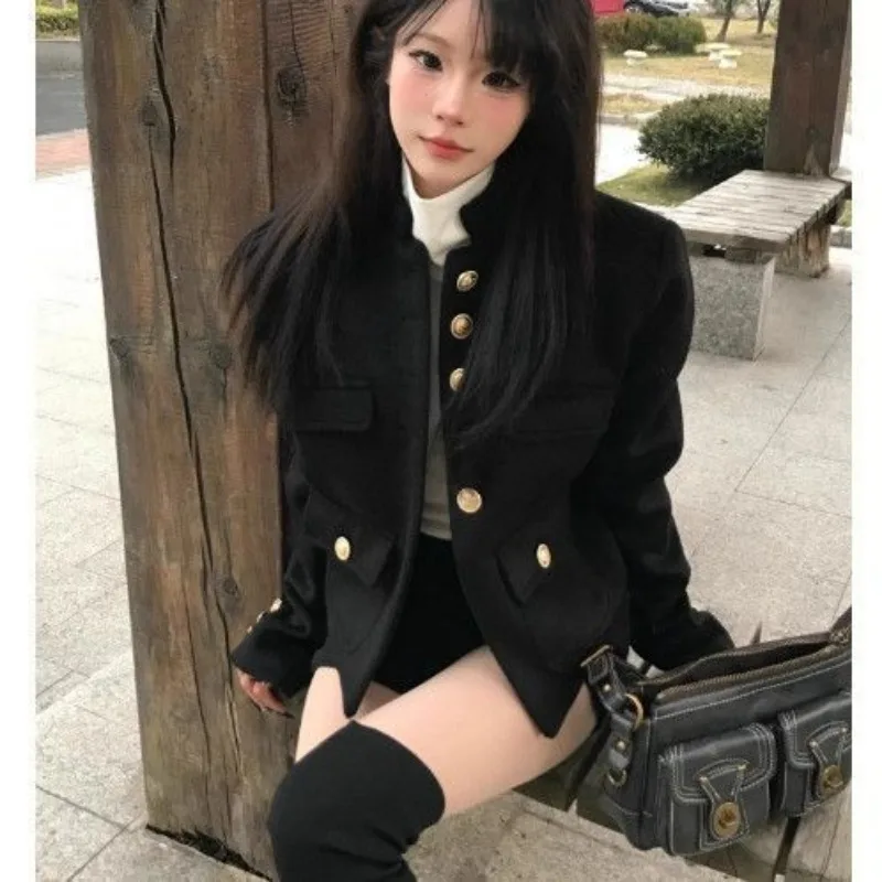 American Retro Handsome Black Small Fragrant Style Short Coat Women Autumn New Casual Shoulder Jacket Top