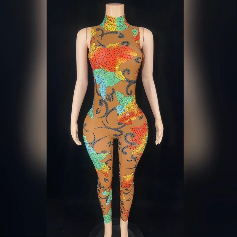 フルラインストーンプリントジャンプスーツノースリーブダイヤモンドゴーゴーダンサー衣装女性ジャズ衣装ステージショーフェスティバル服 XS6385