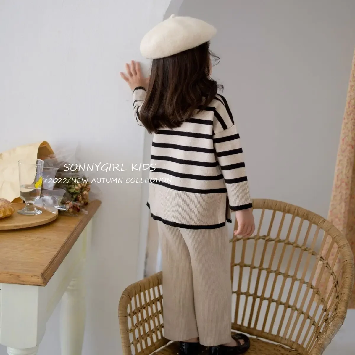 Conjunto de camisola de malha listrada feminina, gola alta infantil, bebê, elegante, primavera, outono, 2 peças