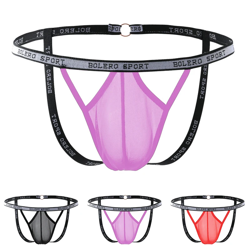 Men Adjustable Buckle Mesh Pouch Ring Hollow G-string Briefs Open Butt Underwear Breathable Low Waist Panties Intimate Lingerie
