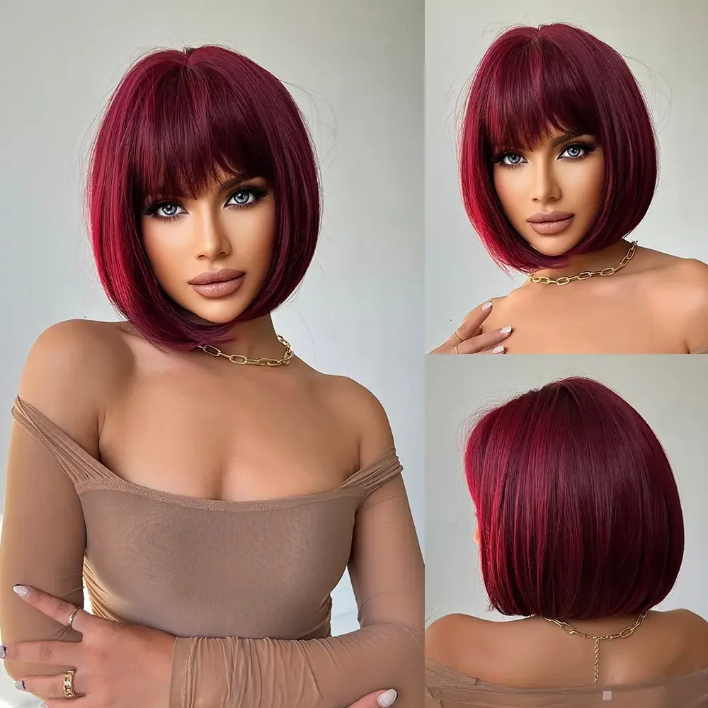 Peluca de pelo Natural Bob corto rojo para mujer con flequillo Lolita, pelucas sintéticas de felpa diaria de alta calidad