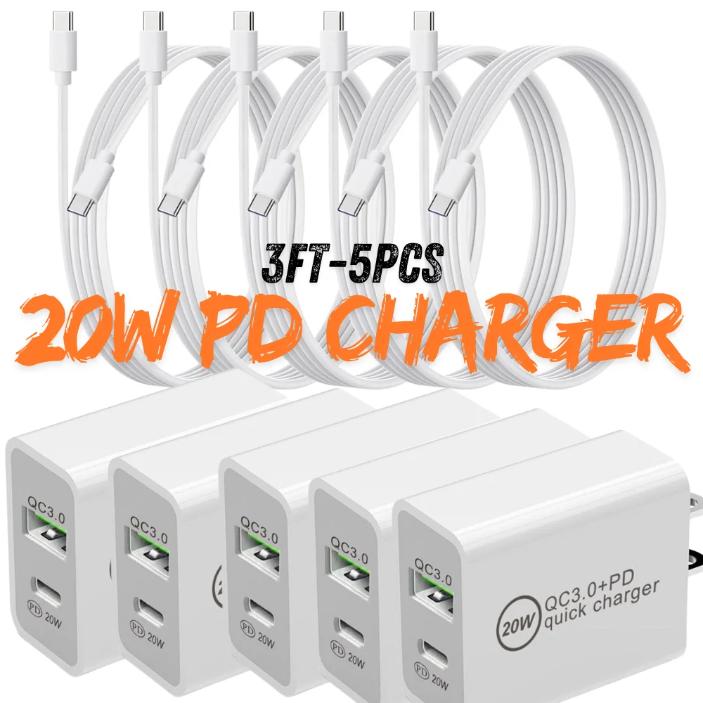 5X 20W QC 3.0 Fast Charger USB C Type C 3FT/ 1M Cable For iPhone 15 Pro Plus Android Samsung