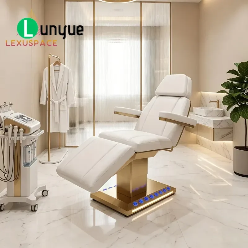 White PU Leather Electric Facial Bed 4 Motor Adjustable Massage Table with LED Ambient Light for Beauty Clinics Spa
