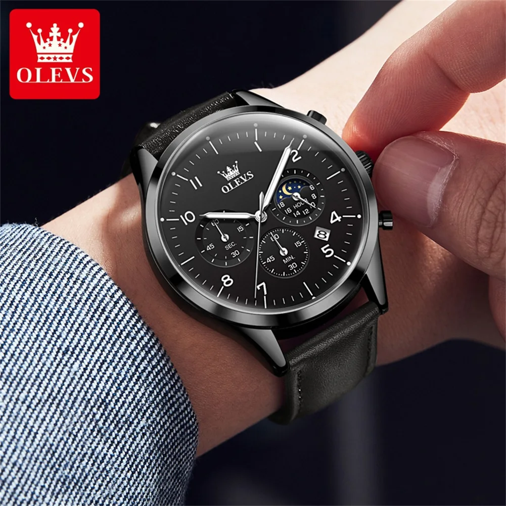 OLEVS 2882 Multifunctional Men's Quartz Watch Leather Strap 42mm Big Dial Moon Phase Waterproof Classic Quartz Watches for Men