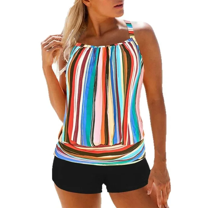 Loose American Style Women's Stripe Bikini Set New Arrival Conservative Tankini Separate Swimsuit Female Swimwear