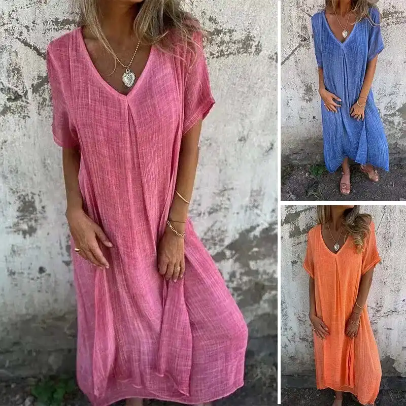 

Cotton and Linen V-neck Midi Dress V-Neck Casual Spring And Summer Loose Dresses Thin Breathable Street Dresses